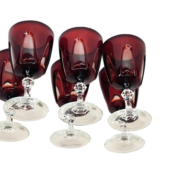 Cristal DArques-Durand Gothic Ruby Red Wine Glasses Cut Clear Stem Lot Of 6 - Picture 4 of 13